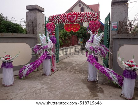 HAI DUONG, Vietnam, November 20, 2016 people, rural Hai Duong, Vietnam, decorated the gate, colorful. In the wedding day, their traditional beauty