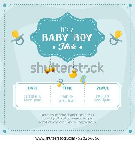 Baby boy shower card. Invitation template with cute toys, place for your text. Labels with letters and kids illustration.