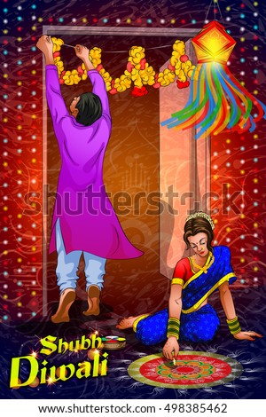 Couple Decorating With Hanging Kandil Lantern Lamp For Happy Diwali Night Celebrating Holiday Of India