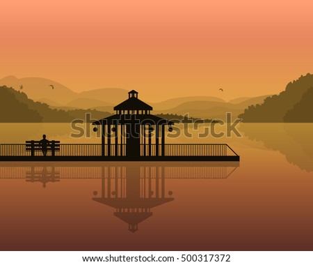 vector illustration of a landscape-silhouette of a bench and house on the background of the mountains, the sky with reflection in water.