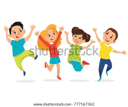 Happy School Multiracial Children Joyfully Jumping Stock Vector ...