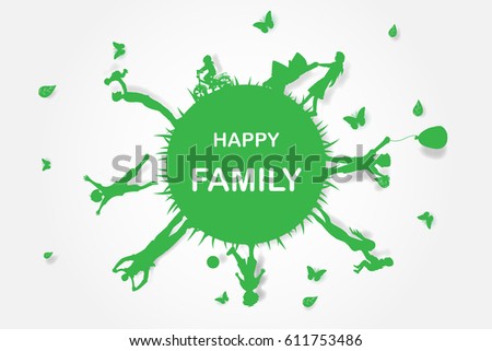 Green background happy family having fun playing in the field,earth,world
