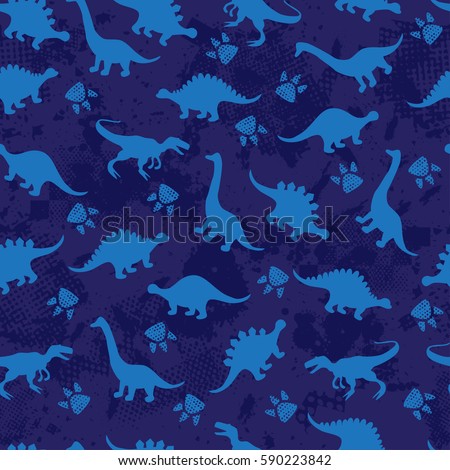 Cute kids pattern for girls and boys. Colorful dinosaurs on the abstract grunge background create a fun cartoon drawing. The background is made in neon colors. Urban backdrop for textile and fabric.