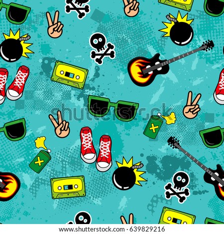 Cute kids pattern for girls and boys.Colorful Youth Objects on the abstract grunge background create a fun cartoon drawing. The background is made in neon colors. Urban backdrop for textile and fabric
