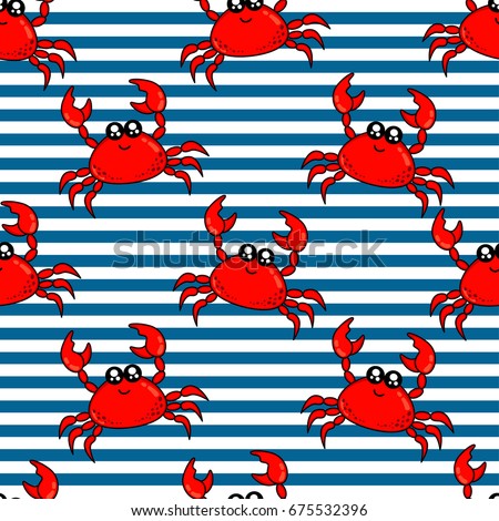 Cute kids pattern for girls and boys. Colorful crab on the abstract background create a fun cartoon drawing. The background is made in pastel colors. Urban backdrop for textile and fabric.