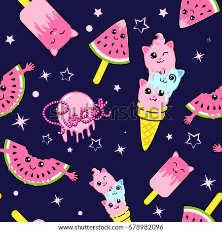 Cute kids pattern for girls and boys. Colorful ice cream on the abstract grunge background create a fun cartoon drawing. The background is made in neon colors. Urban backdrop for textile and fabric.