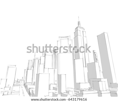 Pencil Drawing Landscape Set Skyscrapers New Stock Illustration 