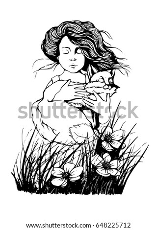 Hand drawn outline vector illustration of cute little boy with fox in his hands. Grass and flowers. The little prince theme.