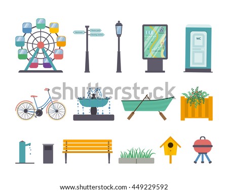 Vector set of park elements: ferris wheel, street light, guidance sign, map panel, wc, bike, fountain, boat, flowerbed, stand-pipe, litter bin, bench, pavement and grass, nesting box, barbecue grill.