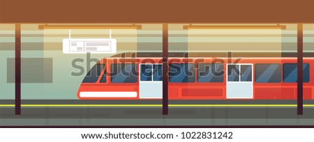 Empty subway station interior with metro train vector illustration. Underground metro train, subway railway transport