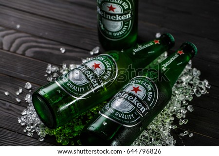 Gomel.Belarus - May 18.2017. Heineken Lager Beer (Dutch: Heineken), or simply Heineken, is a pale lager beer with 5% alcohol by volume produced by the Dutch brewing company Heineken International.