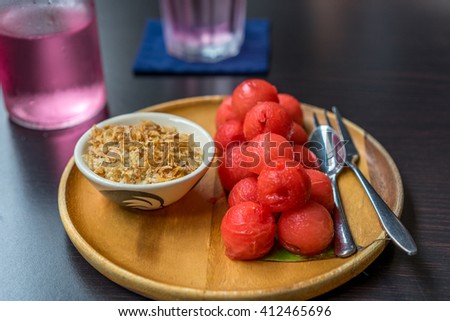 Thai Food: Watermelon and dried fish condiments snack. A traditional Thai snack which is a good refreshment for the hot summer.