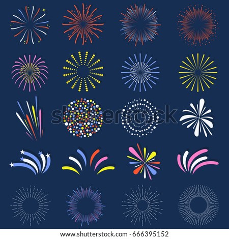 Set of isolated fireworks. Brightly, colorful and monochrome celebration firework balls. Vector