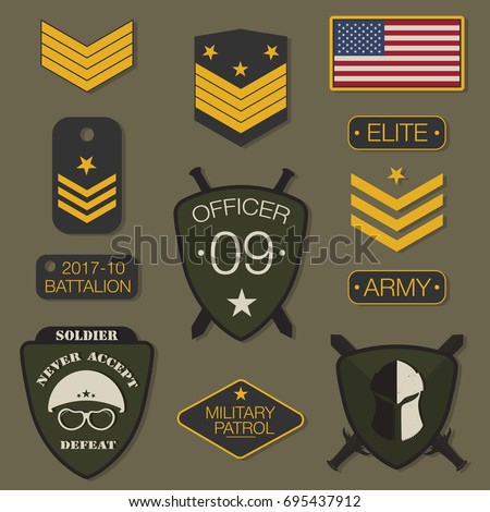 Military army badge set typography. T shirt graphics. Army patch, chevron, pin. Vector