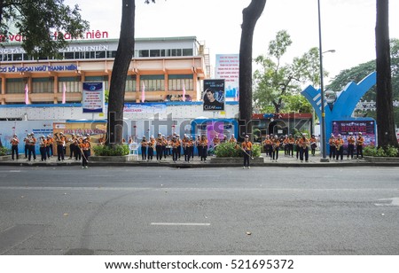 HO CHI MINH CITY, VIET NAM - NOV 24, 2016: A young band playing their concert on the street, in front of Nha Van Hoa Thanh Nien, Sai Gon, Viet Nam.