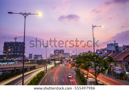 HO CHI MINH CITY, VIET NAM - JAN 14, 2017: Ho Chi Minh City landscape at dawn, Sai Gon, Viet Nam.