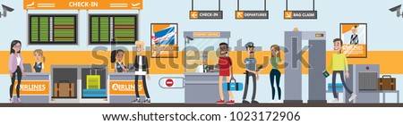 Check-in at airport. People standing with tickets and passports.