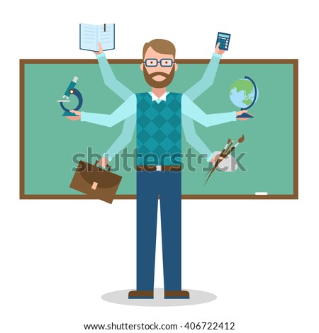 Multitasking school teacher near chalk board isolated on white. Teacher shiva concept vector. Teacher man character. Tutor