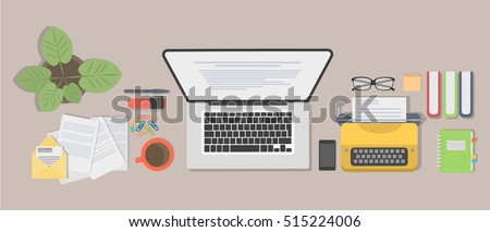 Writer desk mockup. Desk with typewriter, laptop, notes and plant. Workplace of writer or journalist.