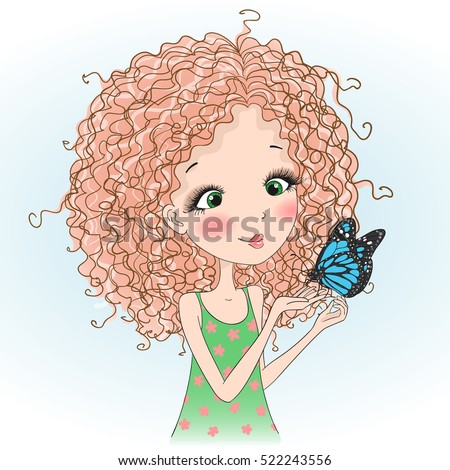 Beautiful young curly girl with a butterfly. Vector illustration.