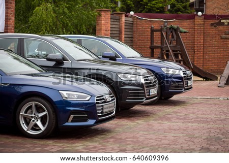 Vinnitsa, Ukraine - May 14, 2017. Audi Q5.Front of the car, logo Audi,diesel,TFSI engine, quattro system, luxury car, modern car. Presentation of the new model car- Audi Q5