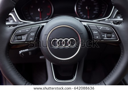 Vinnitsa, Ukraine - May 14, 2017. Audi A5 Sportback car.logo Audi, quattro system, sportcar, luxury car,sport sedan, modern car. Presentation Audi A5 Sportback.Inside the car,steering wheel,interior