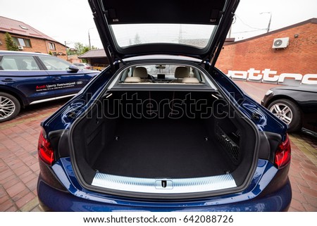 Vinnitsa, Ukraine - May 14, 2017. Audi A5 Sportback car.Front of the car, logo Audi,diesel,TFSI engine, quattro system, sportcar, luxury car,sport sedan, modern car. Presentation Audi A5 Sportback