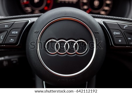 Vinnitsa, Ukraine - May 14, 2017. Audi Q2 concept car.Audi Q2 presentation.Front of the car,front-side, logo Audi,diesel, TFSI motor, showroom, modern car. Presentation Audi Q2. light car, mirror
