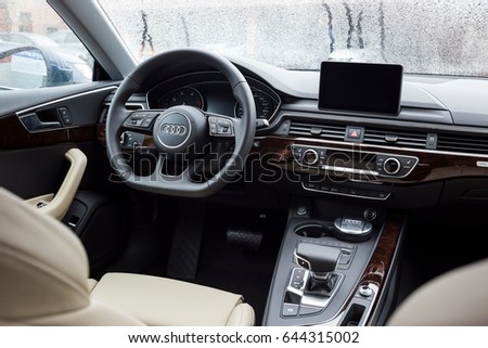 Vinnitsa, Ukraine - May 14, 2017. Audi A5 Sportback car.Front of the car, logo Audi,diesel, quattro system, sportcar. Presentation - Audi A5 Sportback.Inside the car,steering wheel,interior of the car