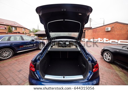 Vinnitsa, Ukraine - May 14, 2017. Audi A5 Sportback car.Front of the car, logo Audi,diesel,quattro system, sportcar, luxury car,sport sedan, modern car. Presentation- Audi A5 Sportback