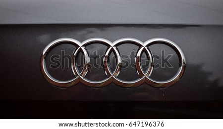 Vinnitsa, Ukraine - May 14, 2017. Audi Q2 concept car.Audi Q2 presentation.Front of the car,front-side, logo Audi,diesel, TFSI motor, showroom, modern car. Presentation - Audi Q2. light car, mirror