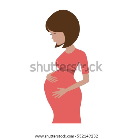 Pregnant woman in red dress isolated on white. Vector illustration.