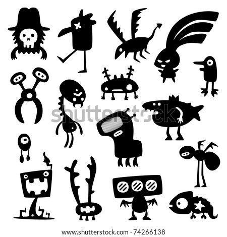 Big Collection Cartoon Funny Monsters Silhouettes Stock Vector 72864466 ...