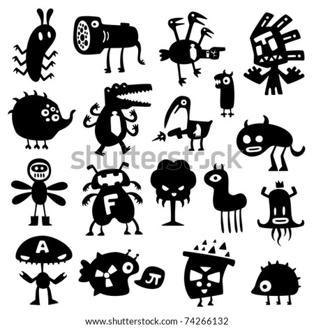 Big Collection Cartoon Funny Monsters Silhouettes Stock Vector 72864466 ...