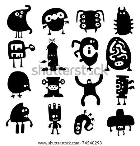 Big Collection Cartoon Funny Monsters Silhouettes Stock Vector 72864466 ...