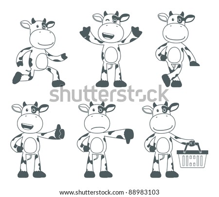 set of funny cartoon cow in various poses