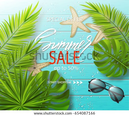 Summer sale banner, poster with sunglasses ,starfish, tropical plants, leaves and water drops on wooden board. Vector illustration