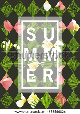 Trendy summer card, banner, poster with tropical flowers, plants and leaves . Vector illustration