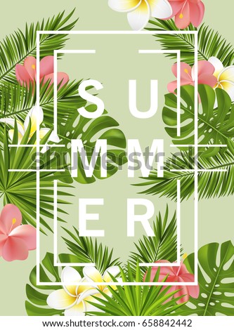 Trendy summer card, banner, poster with tropical flowers, plants and leaves . Vector illustration.