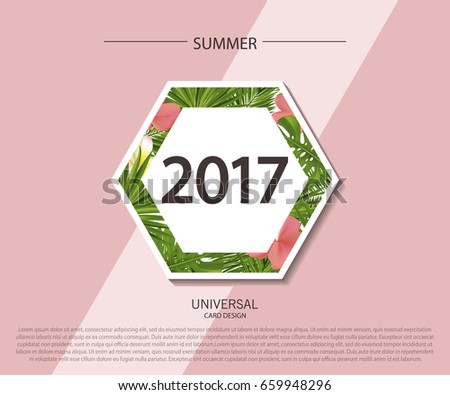 Trendy summer banner, poster with tropical flowers, plants and leaves . Vector universal background with place for text.