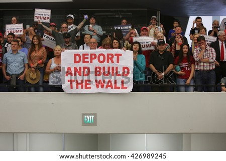 ANAHEIM CALIFORNIA, May 25, 2016: Thousands of Supporters, wave signs and show their support for Presidential Candidate Donald J. Trump at the Anaheim Convention Center rally on.  5.25.2016