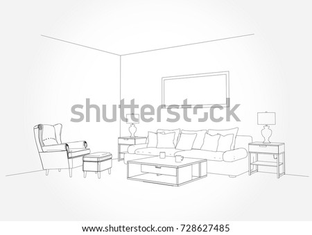 Linear Sketch Of An Interior Living Room Plan Line Sofa Set Illustration Linear Sketch Of An Interior Living Room Plan Line Sofa Set Illustration