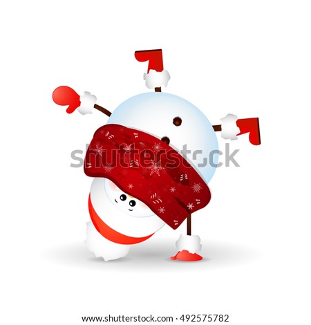 Christmas Cute, funny Snowman standing Upside down isolated on white background. . vector cartoon illustration.