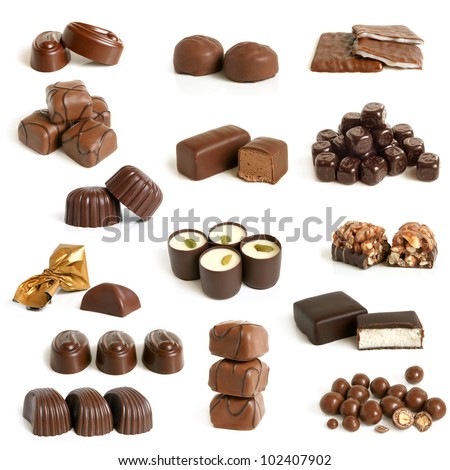 Chocolate sweets collection on a white background - stock photo