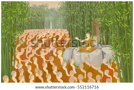 Vector Illustration Cartoon: Makha Bucha Day is an important day for Buddhists The date The monks come meeting to pay homage to Lord Buddha in house of priest sanctuary Weluwan Temple bamboo forest.