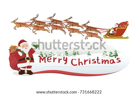 Vector Illustration Cartoon : Santa Claus carrying gift bag waving merry christmas greetings and and Santa on sleigh and reindeers procession of nine in legendary. isolated on white background.