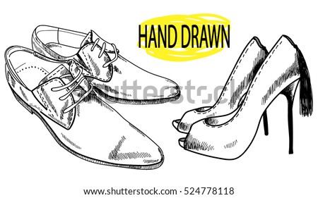 Drawing By Hand In Vintage Style Fashion High Heeled Shoes And Mens Drawing By Hand In Vintage Style Fashion High Heeled Shoes And Mens