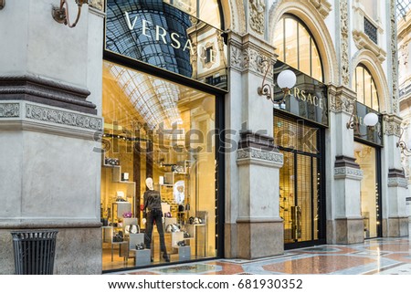 Milan, Italy - February 17, 2017: Versace shop at the Gallery Vittorio Emanuele II (Piazza Duomo) in Milan center. Made in Italy. Symbol and concept of luxury, shopping, wealth and elegance