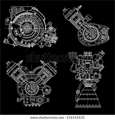 Set Drawings Engines Motor Vehicle Internal Stock Vector 556142635