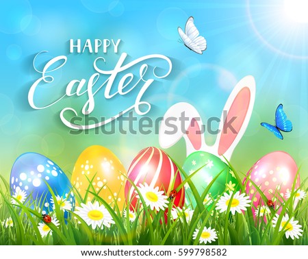 Easter theme with ears of bunny and butterflies flying above the colorful eggs in grass and flowers, nature background with sun beams and lettering Happy Easter, illustration.